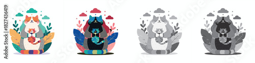 A CAT wearing a scarf, holding a cup, surrounded by leaves and snowflakes. Multiple style vector