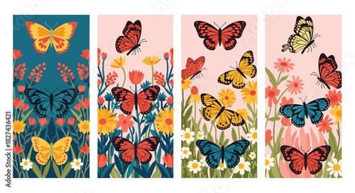 A beautiful collection of four vertical banners showing colorful butterflies flying among wildflowers in a lovely garden scene.