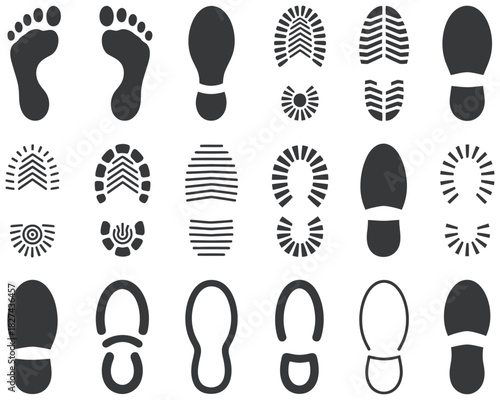 Collection of diverse human footprints and shoe sole imprints set, representing different sizes, shapes, patterns, walking, movement, trail, tracking, investigation, forensic analysis, outdoor 