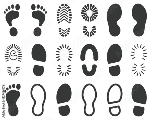 Collection of diverse human footprints and shoe sole imprints set, representing different sizes, shapes, patterns, walking, movement, trail, tracking, investigation, forensic analysis, outdoor 