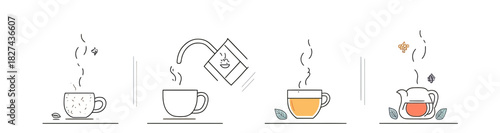 Step by step tea brewing process with tea bag cup boiling water steep leaf hot drink illustration flat line vector icons set