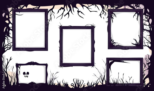 Spooky dark Halloween frame borders with twisted branches and creepy skull for photo or text placement in flat vector style