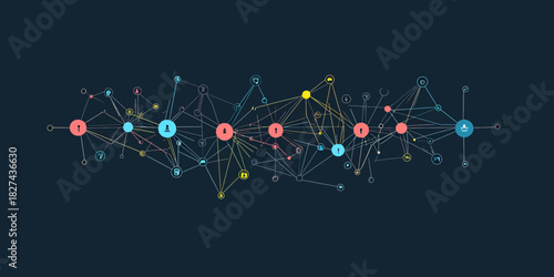 Abstract social network connections graph with colorful nodes and lines illustrating technology communication and data link concepts on dark background vector design