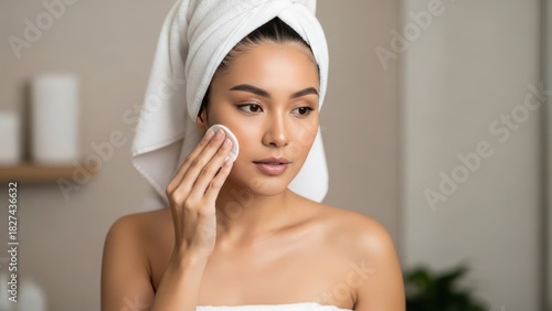 A young woman, wrapped in a towel, cleanses her face with a cotton pad.