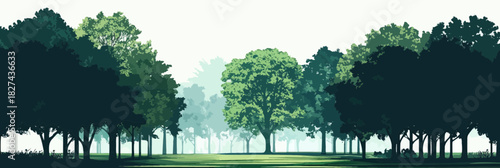 Landscape vector illustration of various green tree silhouettes in park alley with distant foggy forest background in flat minimalist style