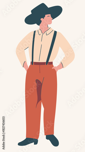 Minimalist flat vector illustration of confident farmer wearing cowboy hat suspenders shirt and pants standing with hands on hips looking sideways isolated on light background