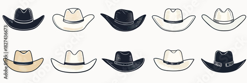 Set of cowboy hats icons vector collection with flat minimalist style silhouette and outline designs showing western hat variations in neutral colors