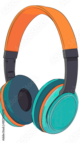 Colorful modern over ear headphones with vibrant orange and teal accents flat minimalist vector illustration for music listening and audio technology concept