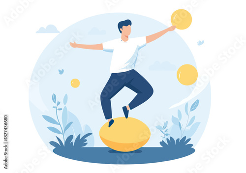 Businessman balancing on large yellow sphere juggling multiple yellow balls around in outdoor nature setting flat vector illustration of work life stability and risk management concept