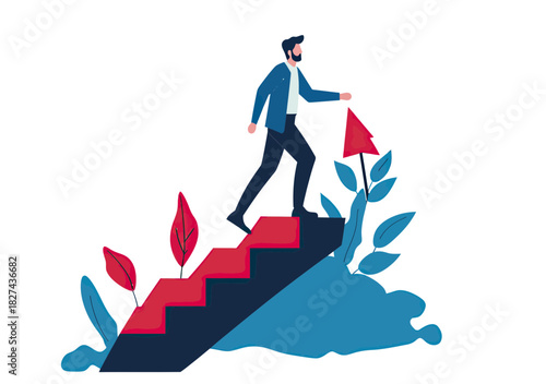 Businessman climbing red arrow shaped stairs surrounded by leaves symbolizing growth ambition success and career advancement vector illustration