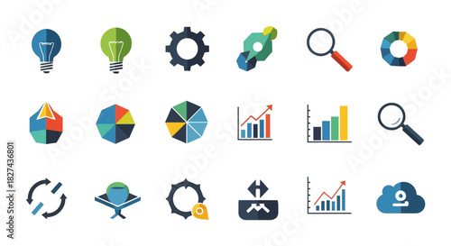 Collection of business icons including gear, lightbulb, chart, graph, magnifier, and other business elements