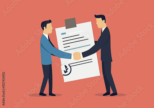 Two business men shaking hands in agreement with signed contract document on orange background flat vector illustration