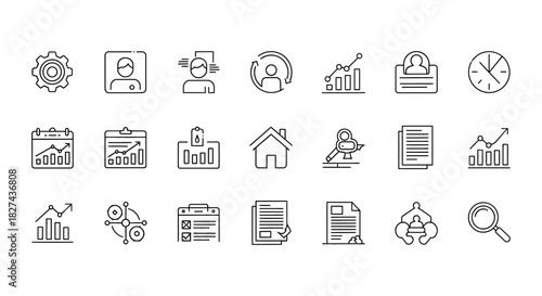 Business strategy management chart graph growth data analysis planning report document process icon set vector design