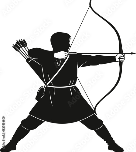 Black and white archer silhouette, traditional longbow, dynamic stance, medieval warrior, focused aim, historical costume, vector illustration, fantasy theme