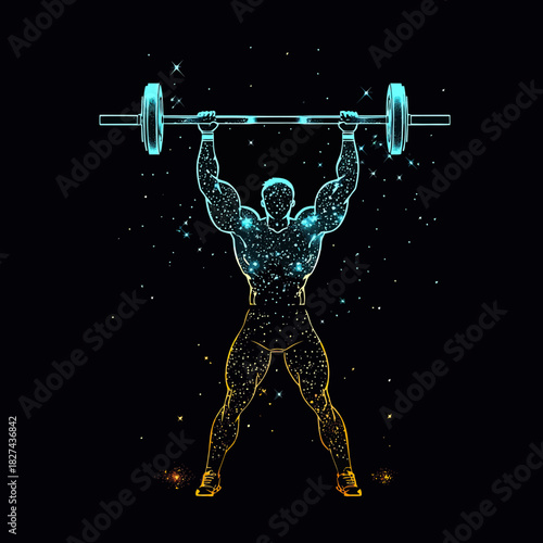 Glowing neon silhouette of muscular weightlifter lifting barbell overhead with stars and sparkling lights on black background fitness concept vector illustration