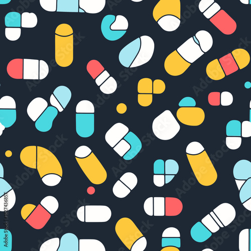 Colorful seamless pattern of assorted flat minimalist capsules and tablets in various shapes and bright colors on dark background for medical or pharmaceutical design