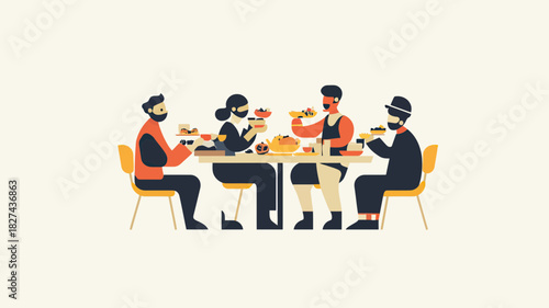 Group of four diverse people sitting at table enjoying various food dishes in flat minimalist vector illustration style with warm colors and casual setting