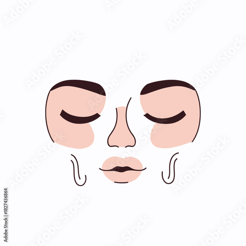Minimalist flat vector illustration of closed eyes with dark eyebrows, soft pink cheeks, and lips on white background for beauty or skincare design concept