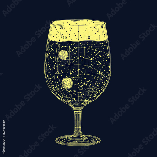 Wireframe illustration of beer glass filled with starry space universe and planets minimalistic vector art design concept