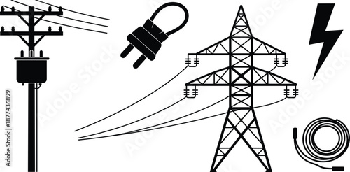 Black silhouette icons of electrical power transmission and connection elements electricity energy