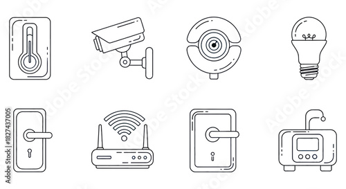 Smart home devices security camera thermostat router bulb door lock automation system technology outline icon