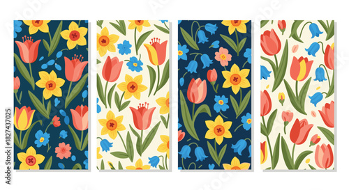 Delightful collection of four seamless spring floral patterns featuring colorful tulips, daffodils, and bluebells on various backgrounds.