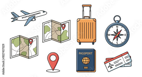 Travel vacation adventure journey airplane map compass passport ticket luggage destination tourism trip guide