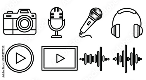 Camera microphone headphones play media sound wave audio record podcast equipment studio technology vector set