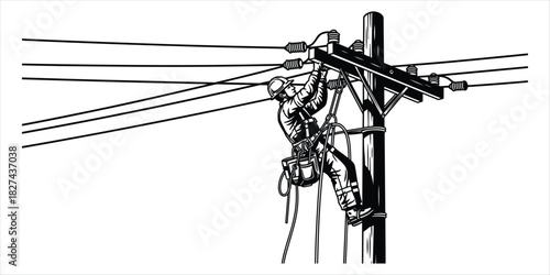 Lineman working on utility pole with power lines and safety harness electricity worker