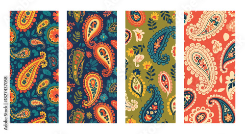Colorful collection of four seamless paisley patterns in a vintage, bohemian style with intricate floral and decorative elements.