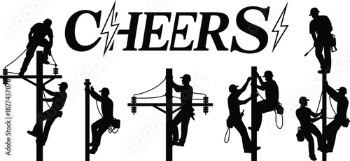 Silhouettes of linemen working on utility poles with the word C H E R S lineman electrician
