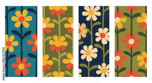 Groovy collection of four seamless retro floral patterns with stylized daisies on stems in a charming 1970s-inspired color palette.