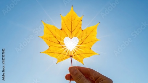 A hand holds a vibrant yellow maple leaf with a heart-shaped cutout, sun shining through.