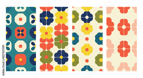 Modern set of four seamless geometric floral patterns with stylized blooms in a bold and colorful retro 1960s pop art style for any design.