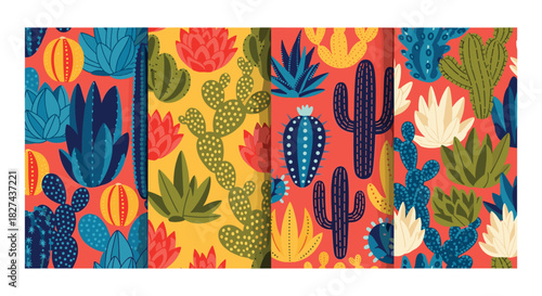 Colorful collection of four seamless patterns featuring a variety of stylized cacti and succulents in a fun, hand-drawn style.