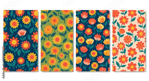 Cheerful collection of four seamless retro floral patterns with stylized sunflowers and daisies in a warm and folksy color palette.
