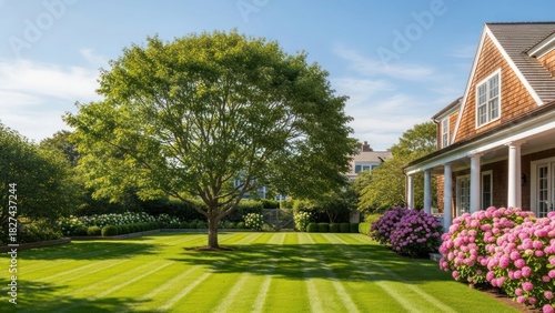A large tree stands in a manicured lawn of a house with pink and purple flowers.