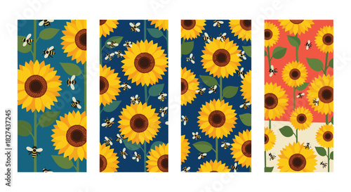 Bright collection of four seamless patterns featuring vibrant yellow sunflowers and buzzing bees on various colorful backgrounds.