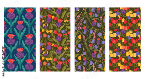 Collection of four decorative seamless patterns featuring Scottish thistles, bluebells, and other beautiful meadow wildflowers.