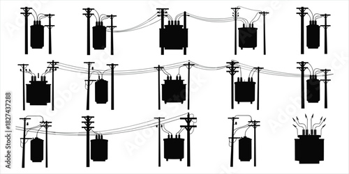 Black silhouette of electrical transformers on poles with wires against white background electricity
