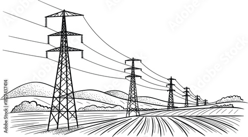 Black and white illustration of power lines stretching across a rural landscape electricity