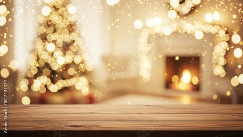 Warm, festive Christmas scene with a decorated tree, fireplace, and bokeh lights.