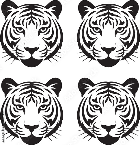 Four tiger heads stylized black and white vector illustration design