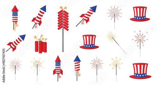 Patriotic set of 4th of July celebration icons including fireworks, rockets, sparklers, and Uncle Sam hats for Independence Day.