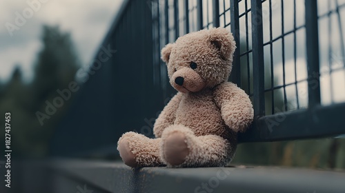 Fototapeta Naklejka Na Ścianę i Meble -  Lonely teddy bear sitting on a ledge outdoors with a fence in the background.