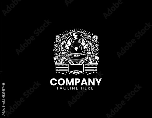 New Zealand kiwi bird playing rhythmic music as a creative DJ in a bold black vector logo illustration