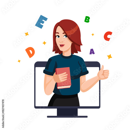 Young woman with book Shows thumbs up on computer monitor Surrounded with letters. Online Education, knowledge, student concept Website, web page design. Vector illustration. Back too school concept