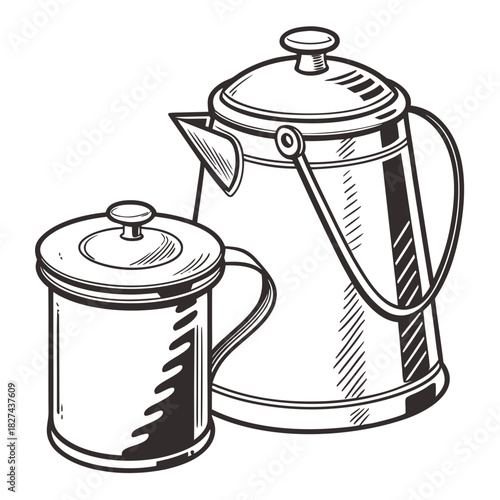 Vintage style black and white line art illustration of a classic metal coffee pot and mug with lids