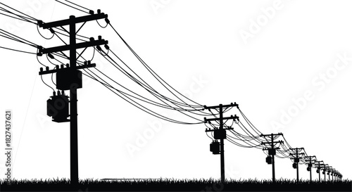 Black silhouette of a row of electricity poles with transformers and wires power