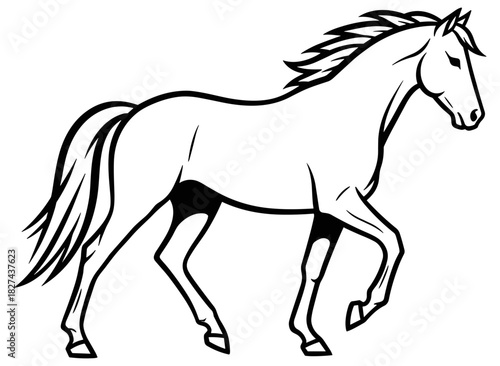 Stylized horse in motion, black and white line drawing, flowing mane and tail, dynamic pose, elegant animal illustration